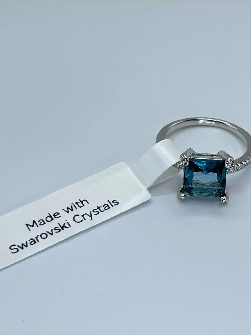 Swarovski Crystal Elements Teal Blue Princess Cut Solitaire Ring Sz 9